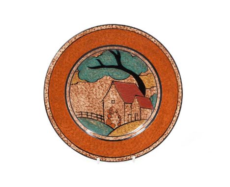 A Clarice Cliff Bizarre ‘Café au Lait Red Roof’ pattern side plate, circa 1931, decorated a with a cottage with orange flower