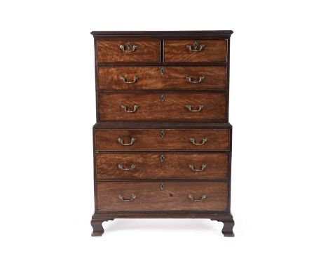 A George III mahogany chest on chest or tallboy, the upper section with a moulded edge above two short and two long graduated