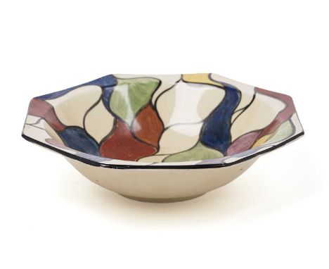 A Clarice Cliff ‘Abstract Leaves’ pattern octagonal bowl, circa early/mid 1930s, with hand-painted decoration of stylised lea