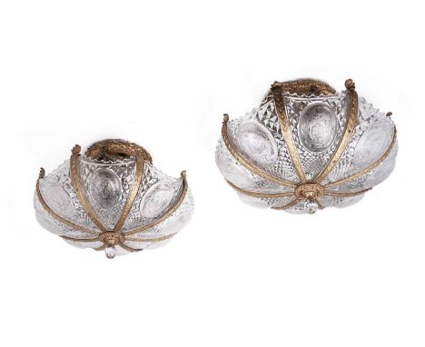 RMS Olympic interest: a fine pair of ormolu and cut-glass ceiling light fittings, each of inverted umbrella form with shell a