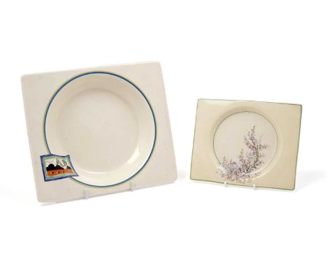 A Clarice Cliff ‘Tulips’ pattern square soup plate, circa 1934, with hand-painted green and blue border surrounding its bowl,