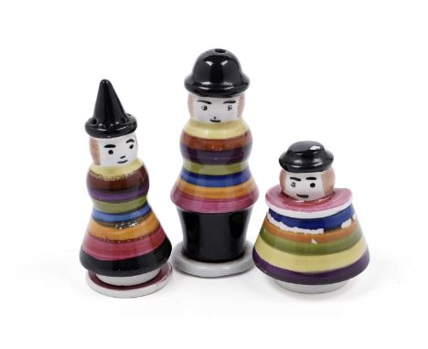 A Wilkinson Ltd ‘United Services’ figural salt, pepper and mustard pot, circa 1930s, decorated with multicoloured concentric 