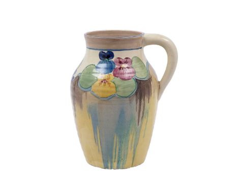 A Clarice Cliff Bizarre ‘Delicia Pansies’ pattern jug, circa 1930, decorated with pansies and trailing glazes in greens, yell