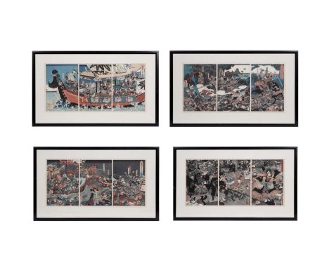 After Utagawa Kunitsuna (Kuitero) 1829-1874, a tryptich, 'Minamoto no Yoshitsune and his nineteen retainers on a boat', 1859,
