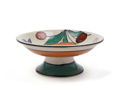 A Clarice Cliff Fantasque ‘Geometric Garden’ pattern tazza, circa early 1930s, with hand-painted decoration, raised on a circ