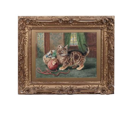 Wilson Hepple(1854-1937)Cat Playing with a Ball of Wool, 1915signed,watercolour,27 x 36cms, in frame.