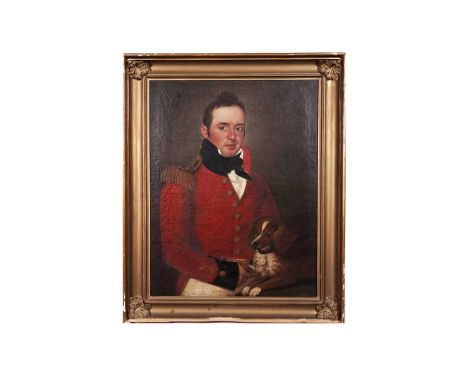 19th Century British School Portrait of a British Army Officer and His Dog,oil on canvas,72.5 x 56cms, in frame.