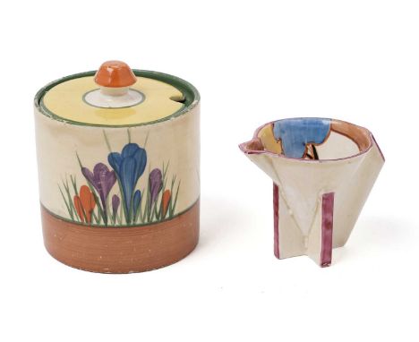 A Clarice Cliff 'Blue Autumn' pattern cream jug, printed mark in black for Newport Pottery, 6cms; and a Clarice Cliff 'Crocus