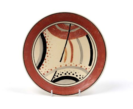 A Clarice Cliff Bizarre ‘Red Carpet’ pattern circular plate, circa early/mid-1930s, with hand-painted abstract decoration, ma