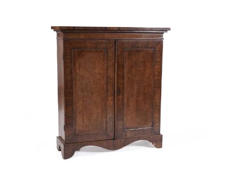 A Victorian walnut collectors cabinet, cross and feather banded throughout, the pair of doors enclosing an arrangement of eig