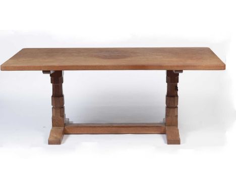 Robert 'Mouseman' Thompson (of Kilburn): a 1950s English oak 6ft refectory dining table, rectangular adzed three plank dowell