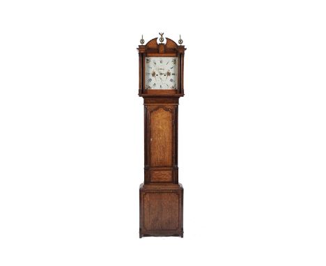 Glover, St Helens: A Georgian oak and mahogany banded 8-day longcase clock, the decorative painted Roman dial with subsidiary