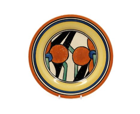 A Clarice Cliff Bizarre ‘Red Picasso’ pattern side plate, circa 1930s, decorated with stylised flowers in green, blue, orange