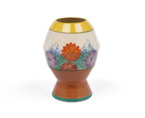 A Clarice Cliff ‘Gay Day’ pattern vase, shape 365, circa early/mid 1930s, decorated with orange and purple flowers, maker's m