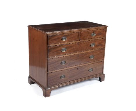 George III mahogany and boxwood strung chest of drawers, the rectangular top with a moulded edge over two short and three lon