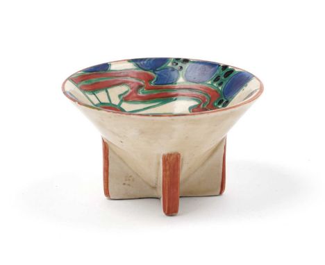 A Clarice Cliff Fantasque ‘Sunrise’ pattern dish, circa the early 1930s, with hand-painted blue and red decoration, raised on