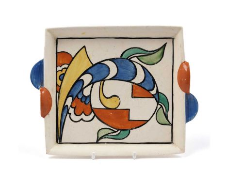 A Clarice Cliff Bizarre ‘Zap’ pattern smokers’ dish, shape 467, circa early/mid-1930s, with blue and orange twin handles, mak
