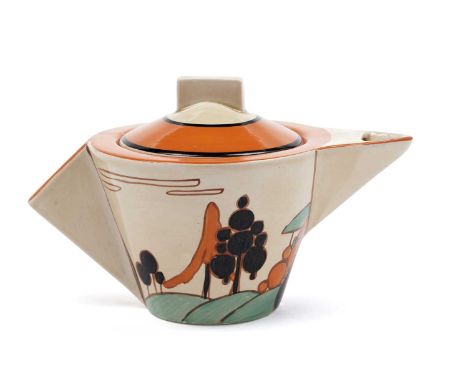 A Clarice Cliff Fantasque ‘Alpine’ pattern tea pot and cover, circa early/mid-1930s, with angular block handle and spout, wit