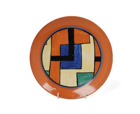 A Clarice Cliff ‘Mondrian’ pattern plate, circa 1929/30, decorated with abstract overlapping squares in blue, yellow, black, 