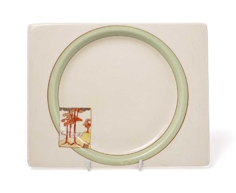 A Clarice Cliff Bizarre ‘Coral Firs’ pattern plate, circa 1933, decorated with green and amber banding, and a fir tree motif,