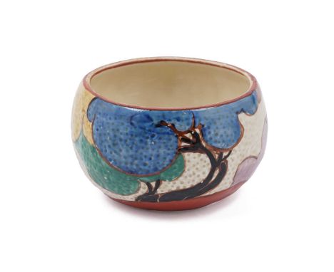 A Clarice Cliff Fantasque ‘Blue Autumn’ pattern sugar bowl, circa 1931, decorated with trees with balloon shaped foliage, in 