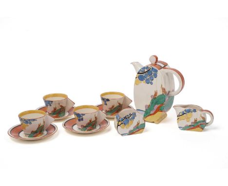 A Clarice Cliff ‘Secrets’ Bonjour pattern coffee service, circa mid-1930s, comprising: a coffee pot, four coffee cups and sau