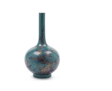 A Chinese turquoise blue sgraffito ground bottle vase, decorated in blue and gilding with pheasants, rocks, and flowering bra
