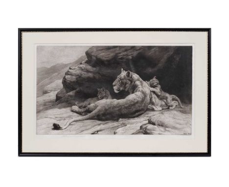 Herbert Thomas Dicksee RE(1862-1942)"Disturbed" Lioness and Cubs,signed in pencil,etching, artist’s proof, edition of 325, pu