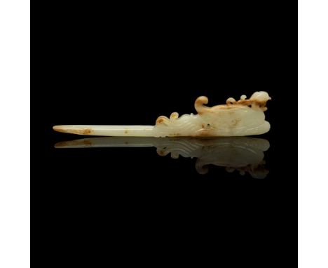 WHITE JADE WITH RUSSET SKIN 'PHOENIX' HAIRPIN JIN DYNASTY 金 白玉帶皮雕鳳紋髮簪 carved with a phoenix perching on a wooden stem with li