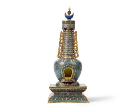 CLOISONNÉ ENAMEL STUPA QING DYNASTY, 18TH-19TH CENTURY  清 銅胎掐絲琺瑯尊勝塔 of Tibetan style, raised on a waisted square pedestal ena