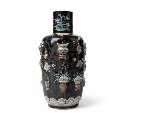 FAMILLE ROSE RELIEF-MOULDED 'ANTIQUITIES' VASE QING DYNASTY, 19TH CENTURY  清 粉彩描金堆瓷博古圖瓶 the body decorated with moulded 'Hund