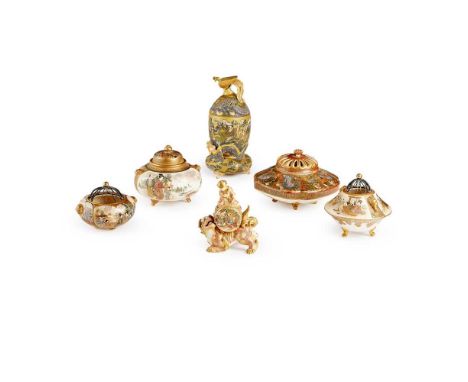 GROUP OF SIX SATSUMA KORO  MEIJI PERIOD  明治 龍雲富山、錦光山、春山、保土田金誠山款 各色薩摩燒香爐（共六件） comprising: a compressed notched 'Rakan' koro on