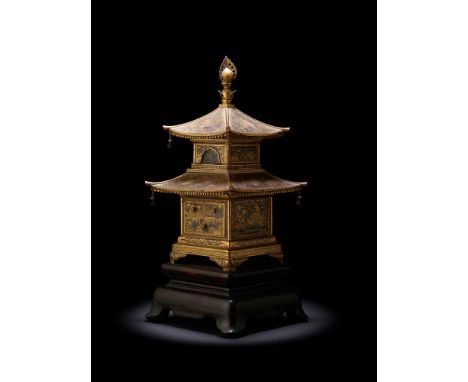 FINE INLAID IRON CABINET MODELLED AS A SHRINE BY THE KOMAI COMPANY OF KYOTO, MEIJI PERIOD  明治 日本國京都住駒井製款 金工樓閣寶塔置物　 constructe