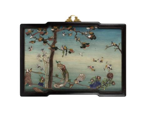 LARGE STONE-INLAID 'PHOENIXES' SCREEN  QING DYNASTY, 18TH-19TH CENTURY  清 紫檀鑲百寶嵌百鳥朝鳳大褂屏 exquisitely inlaid with mother-of-pea
