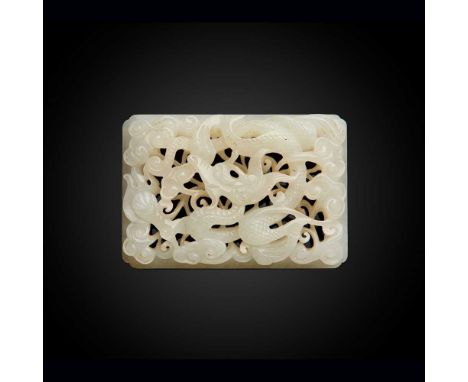 WHITE JADE 'DRAGON' BELT PLAQUE QING DYNASTY, 19TH CENTURY 清 白玉雕龍紋玉帶扣 of rectangular form, carved to one side with a writhing