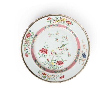 LARGE FAMILLE ROSE 'BIRD AND FLOWER' PLATE QING DYNASTY, YONGZHENG PERIOD  清雍正 粉彩花鳥紋大盤 the interior finely painted with two b