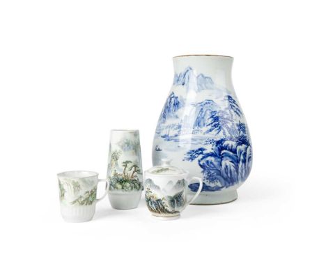 GROUP OF FOUR LANDSCAPE CERAMIC WARES 20TH CENTURY  二十世紀 桂英款 青花釉裏紅山水紋尊、粉彩山水紋小瓶 及 粉彩山水紋杯兩件（共四件） comprising: one large blue and