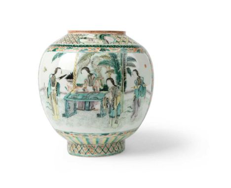 FAMILLE VERTE OVIFORM LANTERN QING DYNASTY, 19TH CENTURY  清 綠彩庭院仕女圖燈罩 thinly potted, the body finely painted on both sides wi