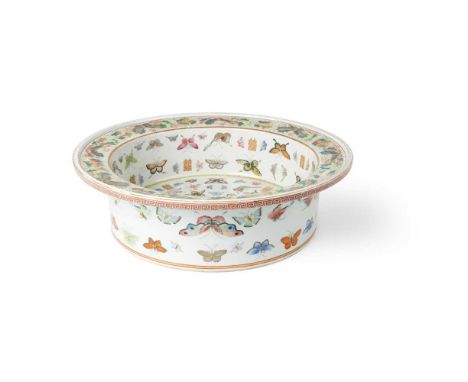 FAMILLE ROSE 'BUTTERFLY AND HAPPINESS' BASIN  QING DYNASTY, GUANGXU MARK AND OF THE PERIOD  清光緒款及年代 粉彩百蝶囍字紋大盆 the cylindrical