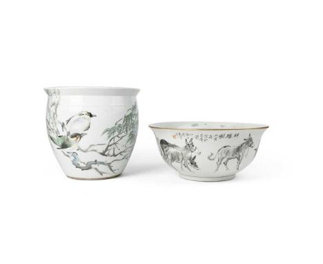 TWO FAMILLE ROSE BASINS 20TH CENTURY  二十世紀 傅堯笙款 中國景德鎮製底款 墨彩群驢圖大盆 及 惠娟款 粉彩花鳥圖缸（共兩件） one large bowl with everted rim, the exter