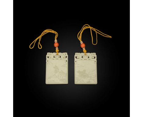 PAIR OF WHITE JADE INSCRIBED PLAQUES QING DYNASTY, 18TH CENTURY  清 文珍款 白玉雕山水詩文牌一對 each carved on one side with a continuous l