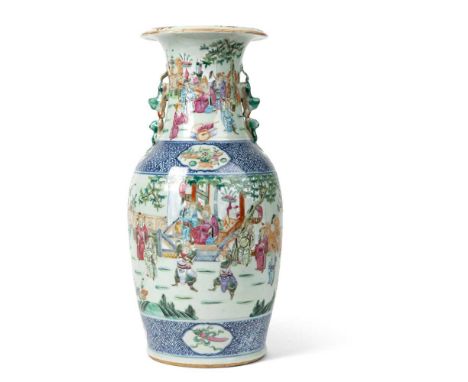 BLUE AND WHITE WITH FAMILLE ROSE BALUSTER VASE  QING DYNASTY, 19TH CENTURY 清 青花加彩人物紋瓶 the body and neck similarly painted wit