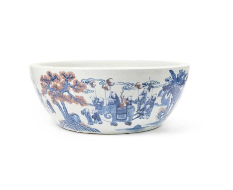 HUGE BLUE AND WHITE WITH UNDERGLAZED-RED 'BOYS AT PLAY' BASIN  QING DYNASTY, 19TH CENTURY  清 墨書底款 青花釉裏紅嬰戲圖太平有象大盆 the exterior