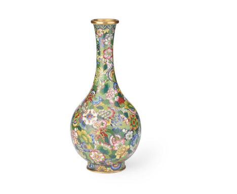 CLOISONNÉ ENAMEL 'MILLEFLEUR' BOTTLE VASE LATE QING TO REPUBLIC PERIOD, 19TH-20TH CENTURY  清末民初 德興成造款 銅胎掐絲琺瑯百花不落地瓶 finely ena