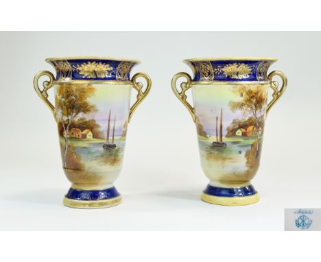 Noritake Fine Pair of Hand Painted Twin Handle Vases. c.1920's with Painted Scenes of Houses on a River Bank and Boats on The