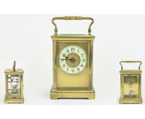 French Late 19th Century Heavy Brass Cased - 8 Day Carriage Clock with Porcelain Chapter Ring, Glass Panels, Visible Lever Es