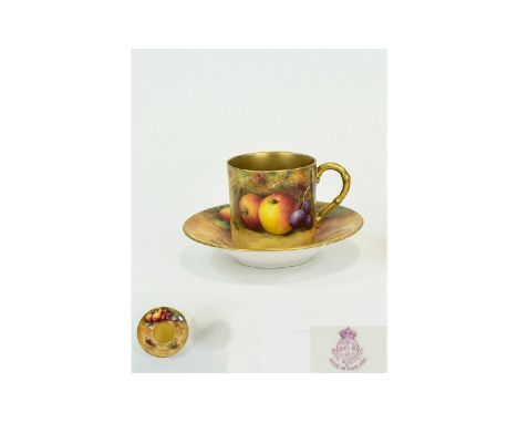 Royal Worcester Hand Painted Matched Coffee Can And Saucer. 'Fallen Fruits' still lives. The first a coffee can, signed 'Powe
