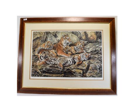 Alan Hunt Limited Edition Print 'A restful interlude for a mother tiger' pencil signed by Alan Hunt edition 361/1250. Depicts