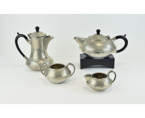 Craftsman ( Viners ) 4 Piece Hammered Pewter Tea & Coffee Service. c.1930's. Coffee Pot - 8 Inches High, Teapot - 4 Inches Hi