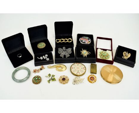 Small Mixed Lot Of Costume Jewellery Brooches, Compacts, Silver Ring, Bangle, Lighter etc 